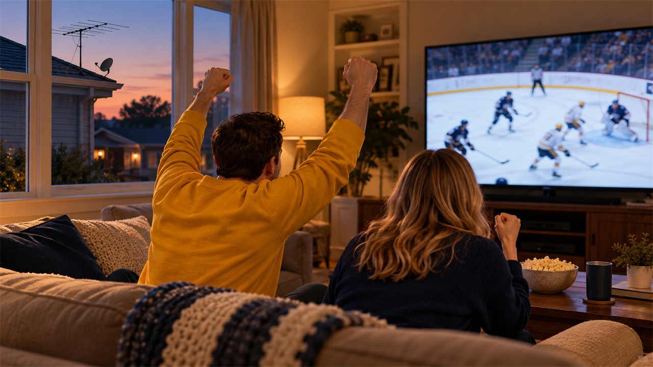 Hockey fans in a Tennessee living room watching a game on TV, with a rooftop antenna visible through the window