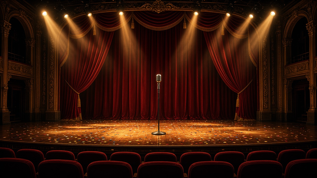 Empty theater stage with red velvet curtains, golden spotlights, a vintage microphone and confetti on the floor