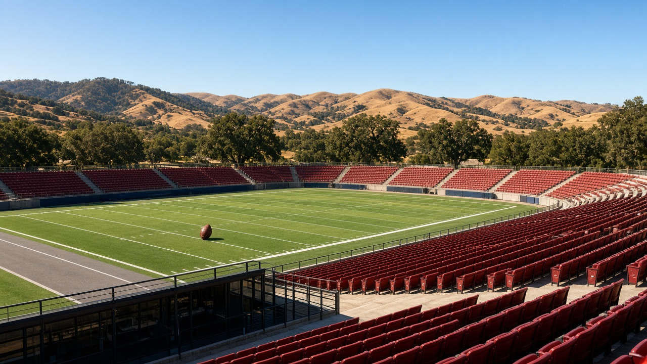 Empty outdoor Stanford Stadium at night under bright floodlights, Bay Area foothills at dusk beyond empty seats, a football resting on the green turf near midfield