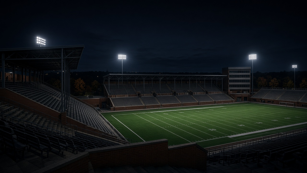 Empty college football stadium at night under bright lights with a green field, no people