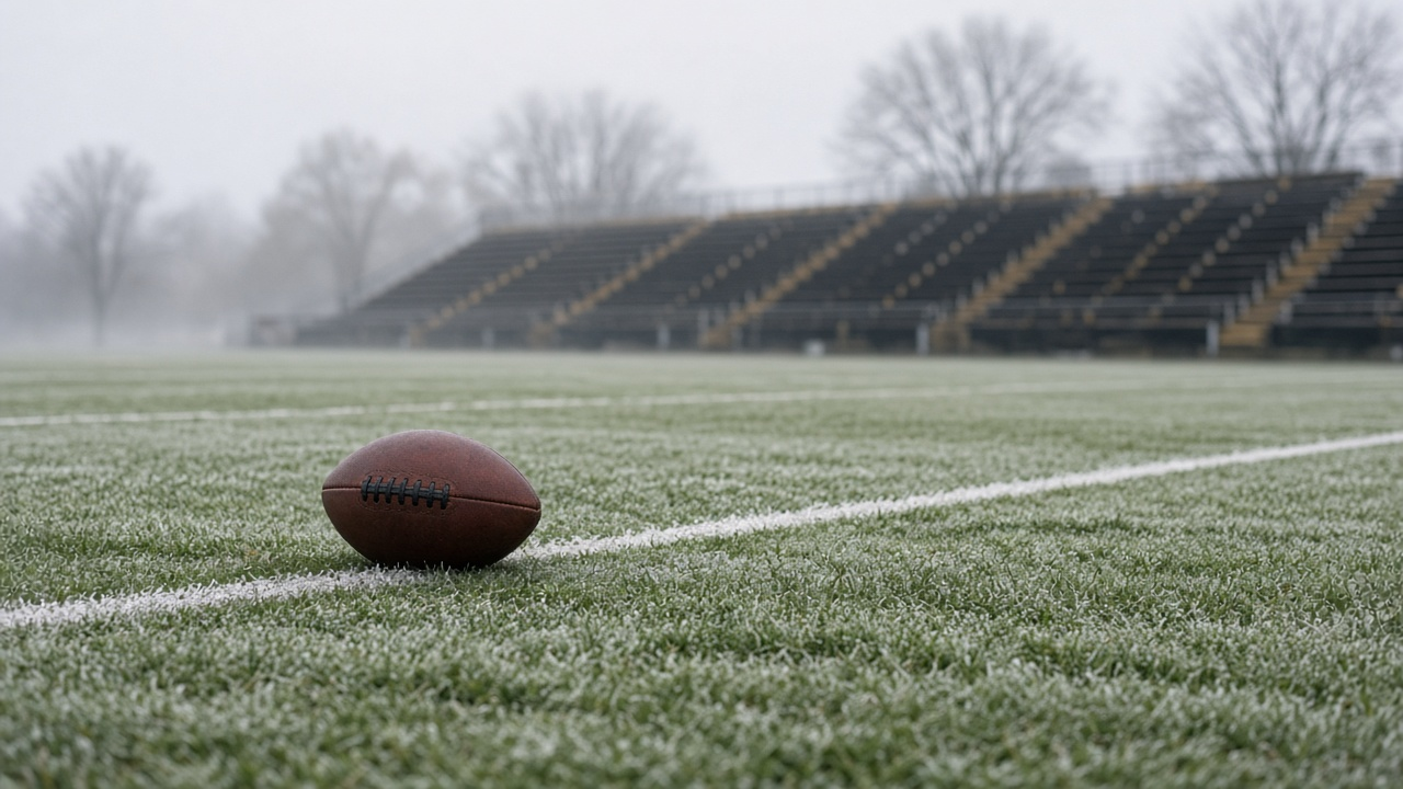 A football resting on frosty grass beside a white chalk line in an empty Midwestern stadium on a gray, misty late-November day