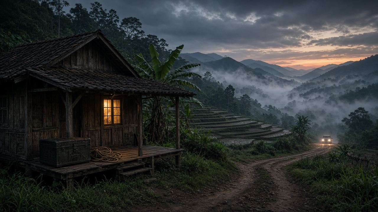 Remote wooden house at dusk in the misty hills of Central Java, with a glowing window, rice terraces, a footlocker on the porch and headlights coming up a dirt road