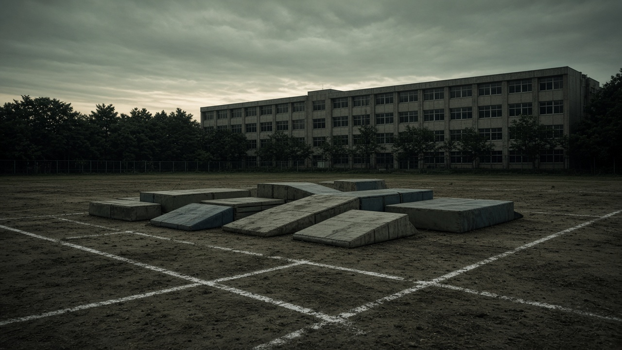 Empty school athletic field at dusk with gymnastics mats arranged in an odd formation