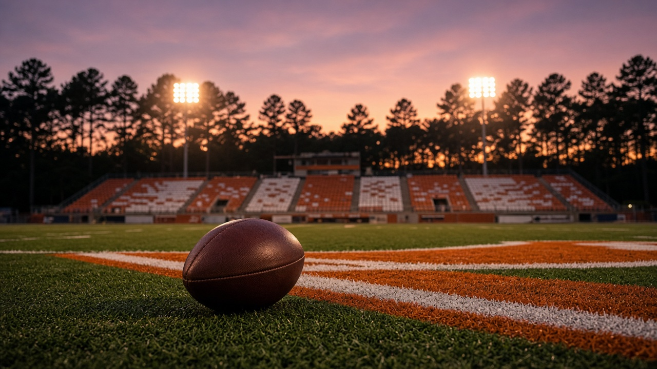 Football on orange and white painted turf in an empty lit stadium at sunset with tall pine trees beyond the stands, no people