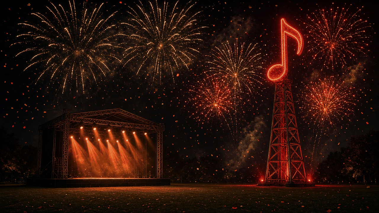 Empty outdoor country music stage in Nashville prepared for New Year celebrations, with no people, text or logos