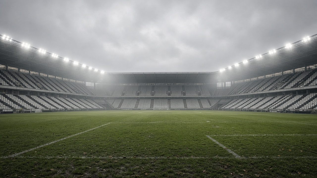 Empty English football stadium under floodlights on a misty afternoon with a damp green pitch and empty seats, no people