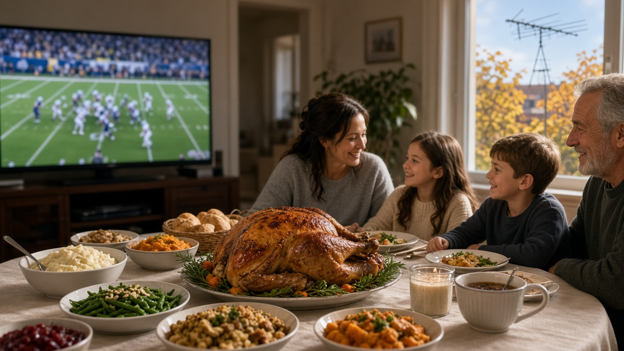 Family at a Thanksgiving table with a roast turkey while a football game plays on the TV and a rooftop antenna is visible outside