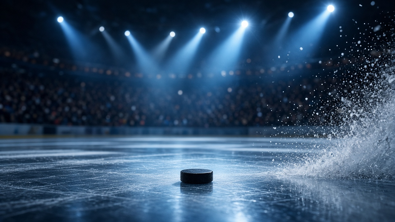 Hockey puck resting on scratched arena ice as a spray of ice shavings flies past, with blue spotlights over a blurred crowd