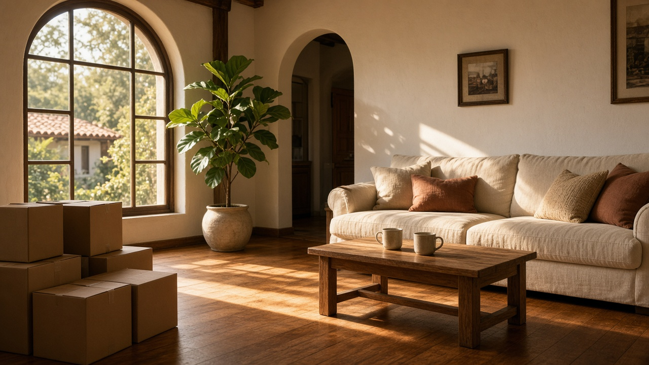 Sunlit living room in a Los Angeles bungalow with half-unpacked moving boxes, a potted plant, two coffee mugs on a wooden table and a sofa by a window