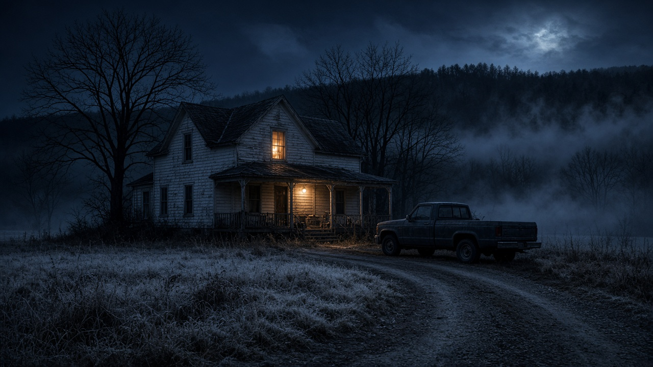 Lonely white farmhouse in rural Pennsylvania at night with one lit upstairs window, a bare porch bulb, leafless trees, fog over a frosted field and an empty pickup truck on a gravel drive under moonlight, no people, no text, no logos