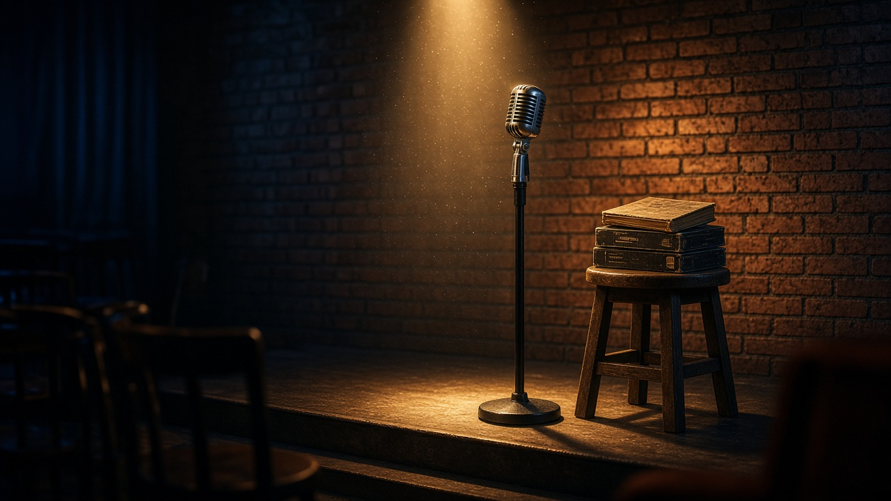 Vintage chrome microphone on a stand in a warm spotlight on an empty comedy club stage, with a wooden stool and stacked old books against a brick wall