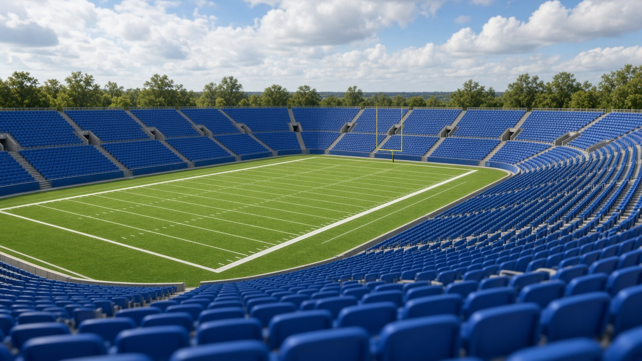 Empty college football stadium with solid blue seats and green turf under a partly cloudy sky