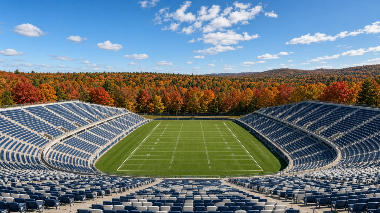 Empty college football stadium with navy seats and fall trees on a bright autumn day, no people