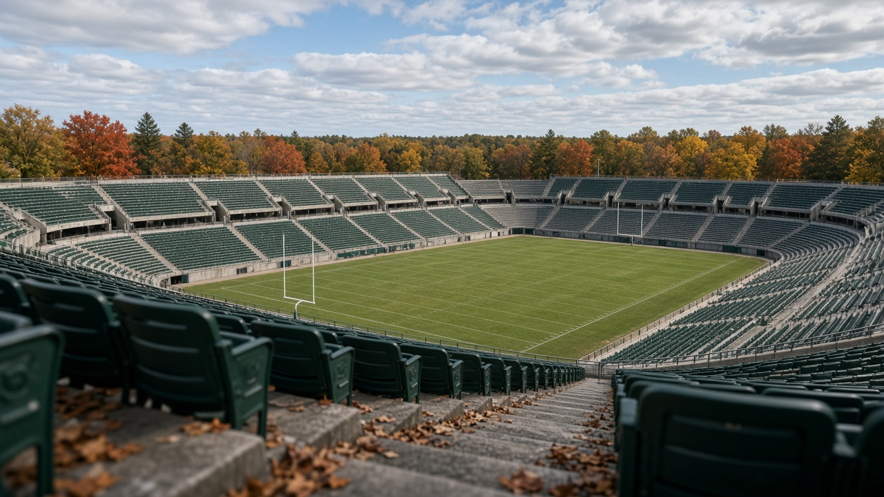 Empty college football stadium at midday in autumn with empty green and white seats, green grass field, white yard lines and goal posts, orange and gold trees beyond the rim