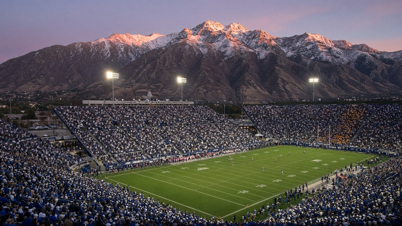 College football stadium at dusk at the foot of rugged mountains, stadium lights coming on over a packed crowd before a primetime kickoff