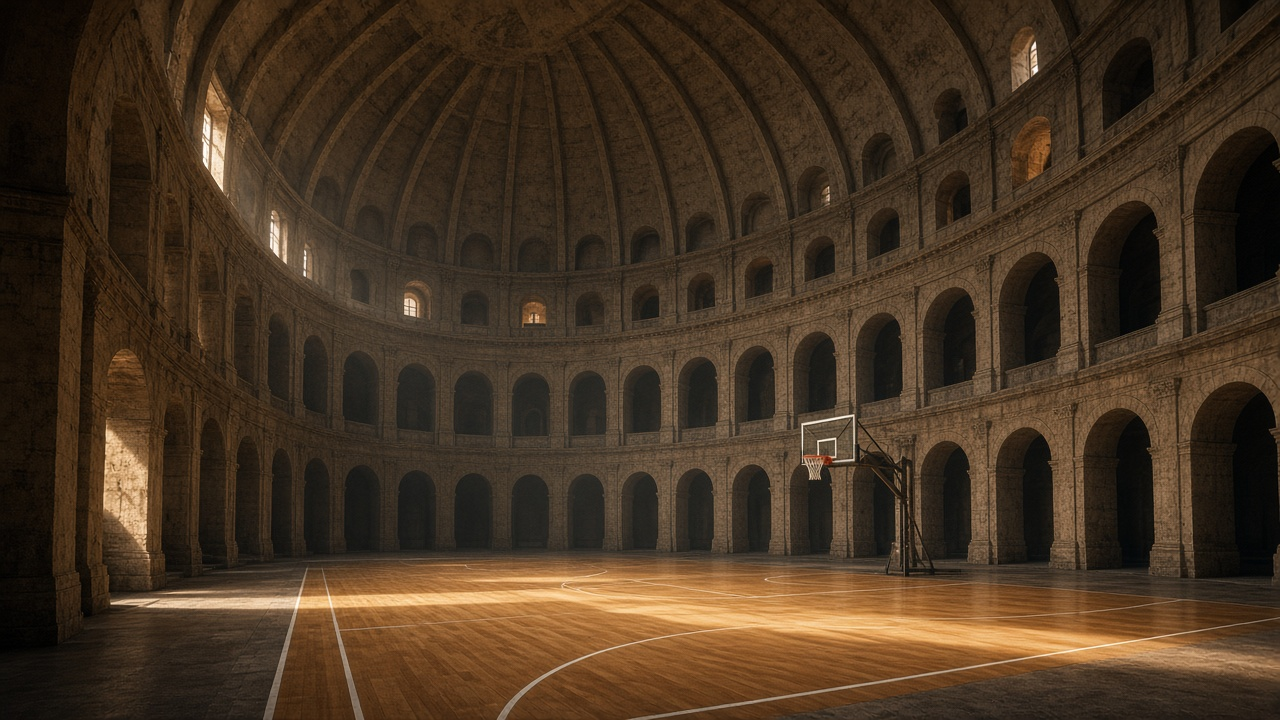Empty indoor basketball arena with a domed concrete roof, polished court under soft lights, empty seats, basketball at center court, no people
