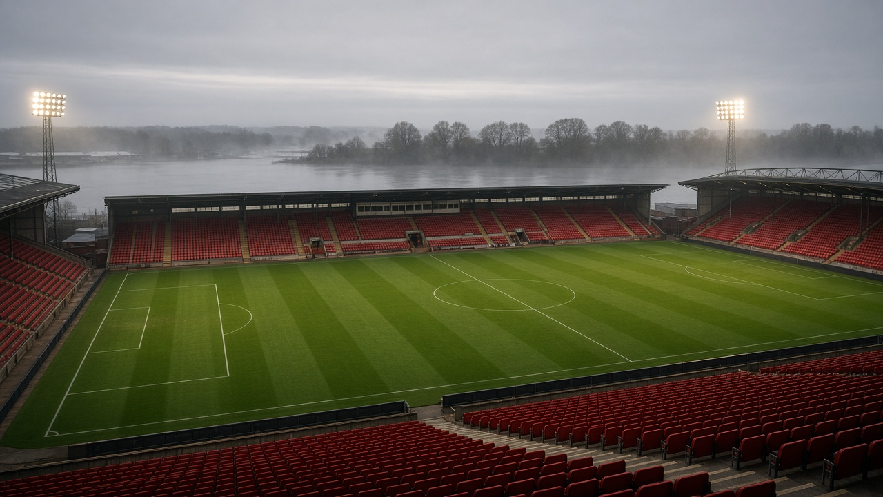 Empty riverside English football stadium with red seats and a striped green pitch under floodlights, no people