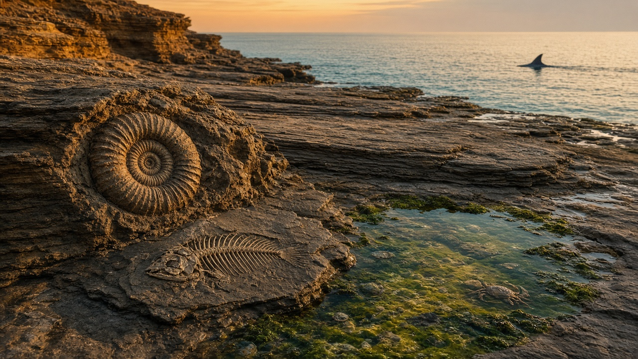A rocky seashore at sunset with an ammonite fossil and a fossil fish skeleton in layered stone, a green tide pool and a fin in the sea, no people, no text, no logos