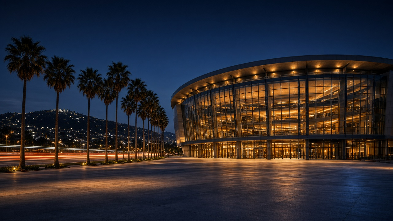 Downtown Los Angeles arena glowing at night under palm trees, with warm stadium lights reflecting off glass and empty plaza walkways