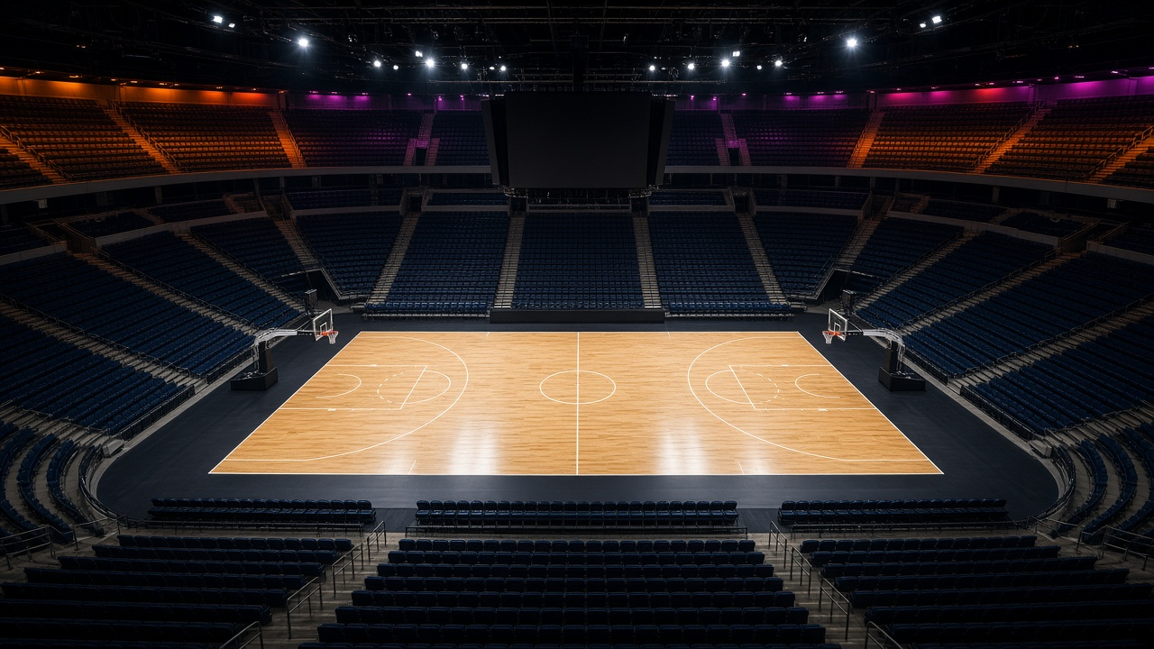Empty modern basketball arena with a glossy hardwood court and marigold-orange accent lights, no people