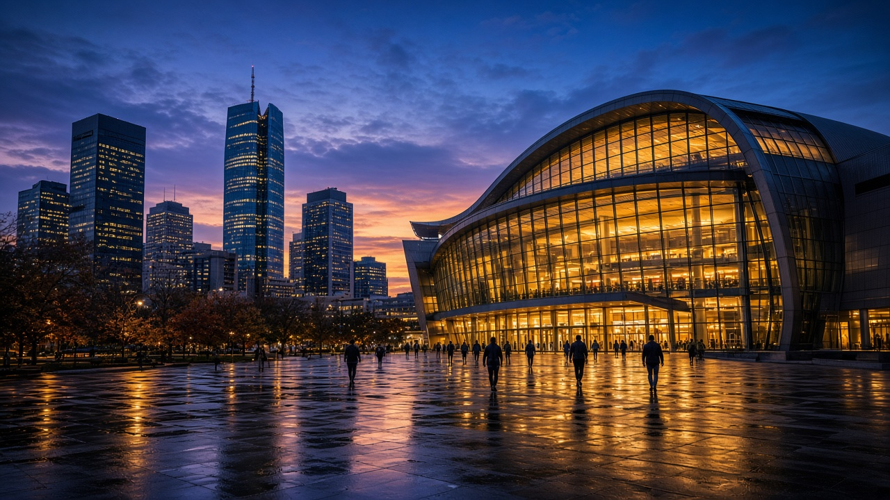 Downtown Oklahoma City arena glowing amber at blue hour, with fans crossing a rain-slicked plaza under city towers
