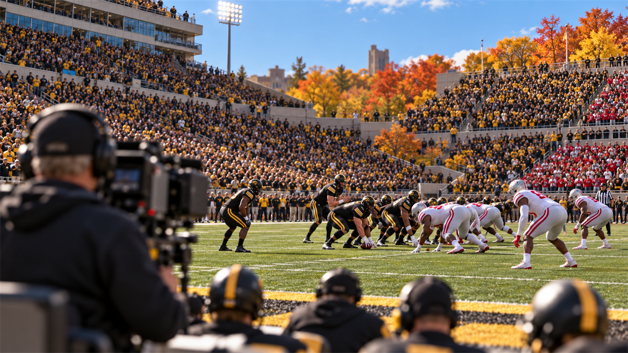 Sold-out college football stadium on a sunny autumn afternoon, with fans in black and gold filling the stands and a TV camera on the sideline