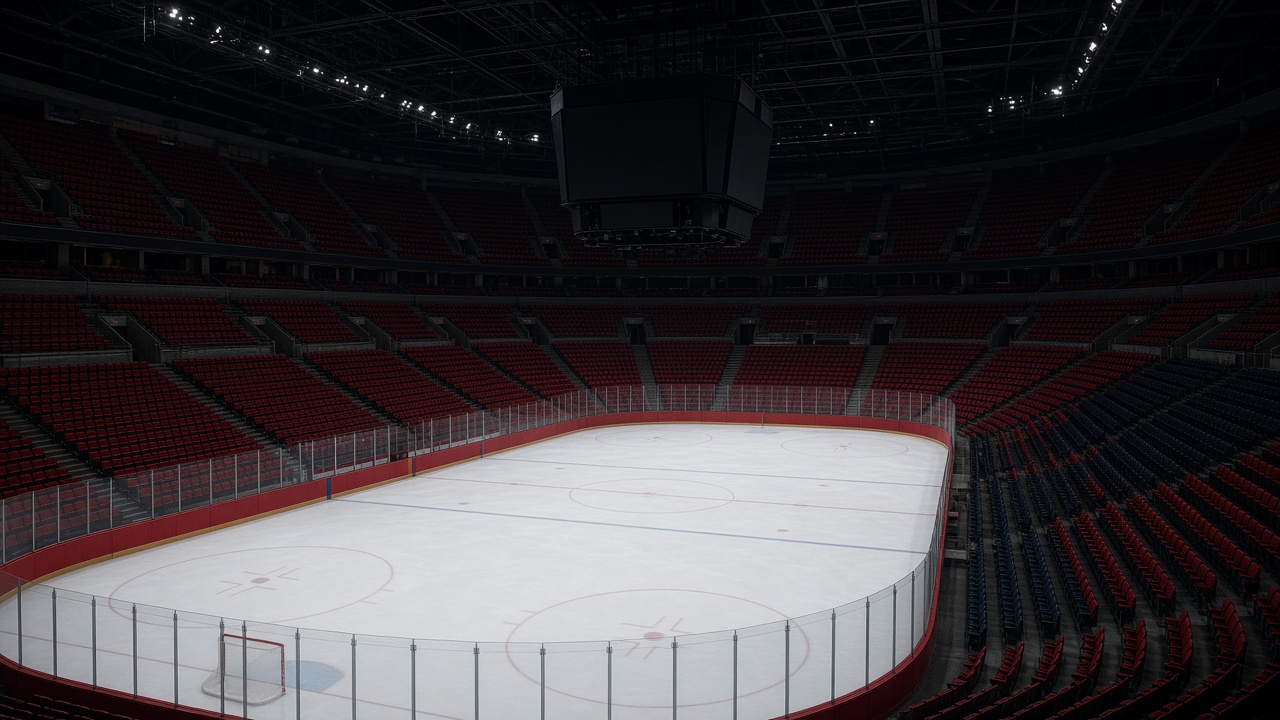 Empty hockey arena with fresh white ice and rows of empty red seats, no people