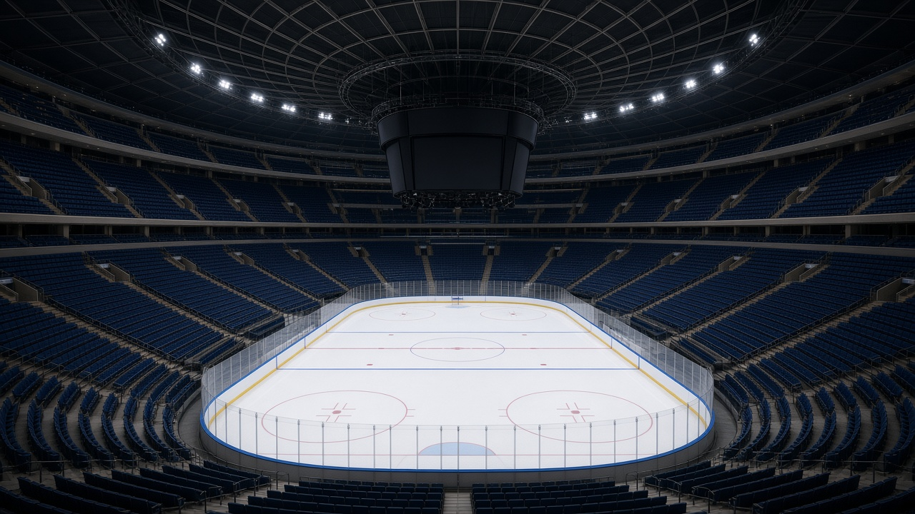 Empty round hockey arena with fresh white ice and empty blue seats under a curved ceiling, no people