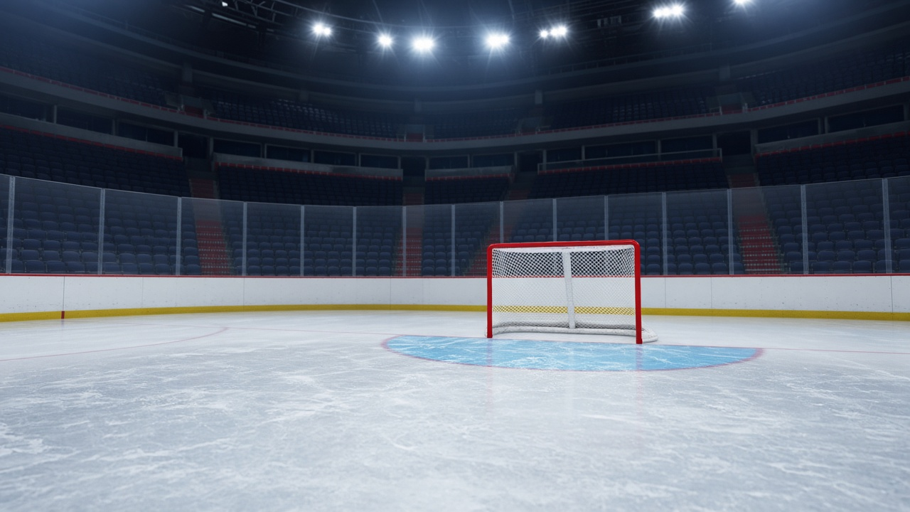 Empty NHL arena at night with bright overhead lights over unmarked ice and cool blue empty seats, no people, no logos, no text