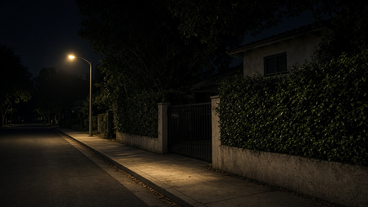 Empty residential street at night with a gated driveway lit by a streetlamp, no people