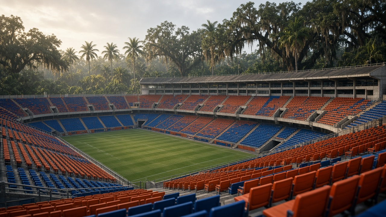 Empty college football stadium on a humid late afternoon with palm trees beyond the stands, no people