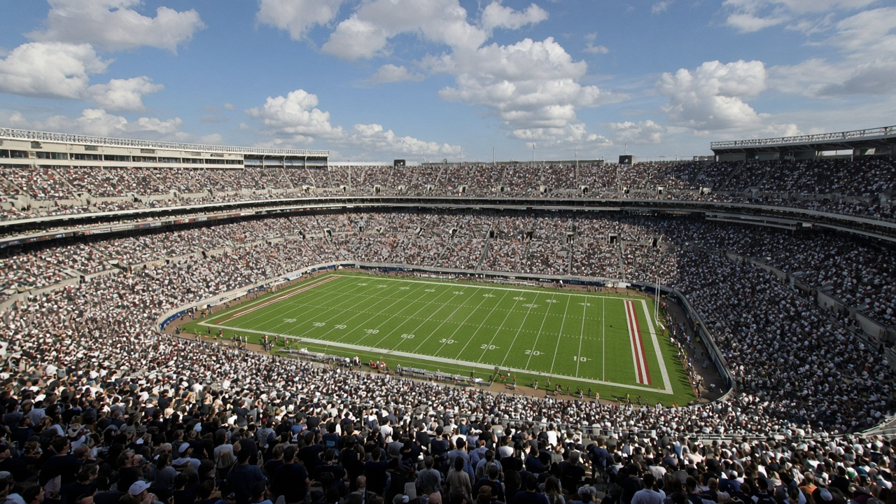 Empty open-air college football stadium on an autumn afternoon, rows of empty maroon and blue seats and a football resting on green turf near midfield, no people or logos