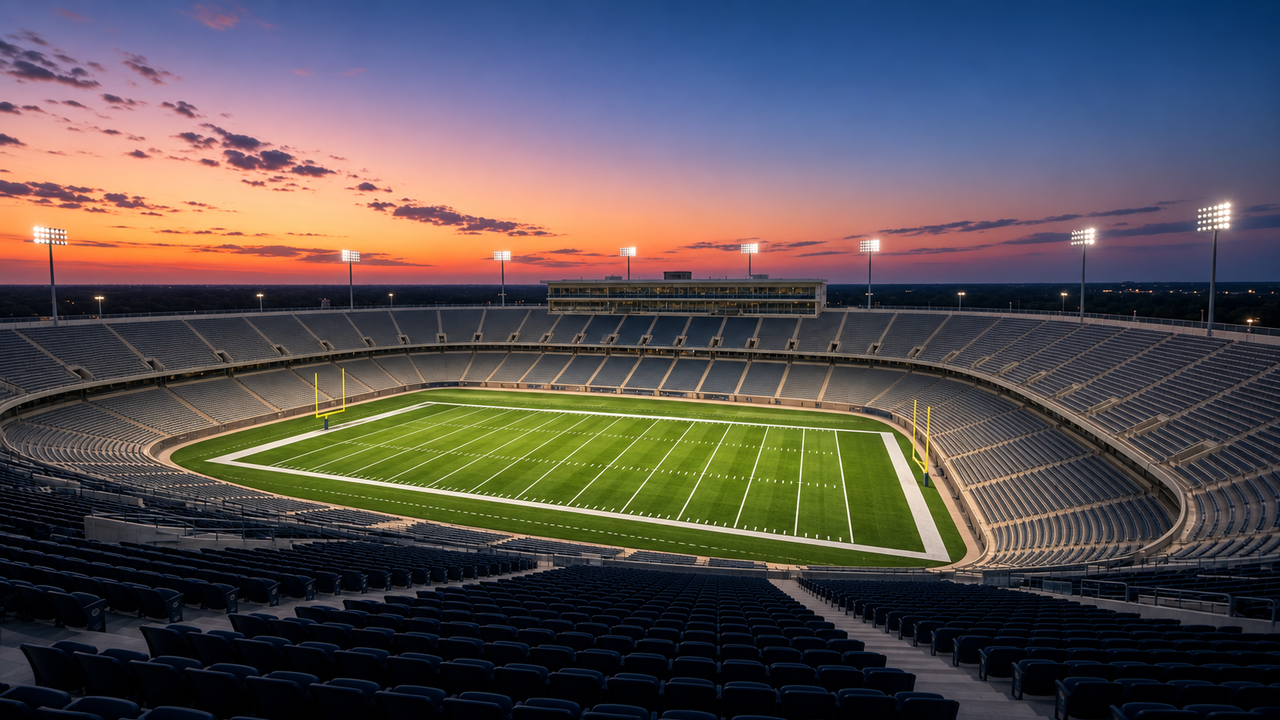 An empty open-air college football stadium at dusk, rows of seats wrapping a bright green field under a soft orange and deep blue Texas evening sky with stadium lights just coming on
