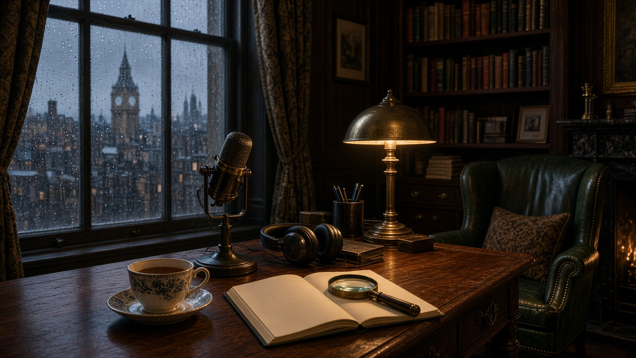 Cozy London study at dusk with rain on the windows, a vintage microphone and headphones on a wooden desk, a teacup and a magnifying glass on an open notebook
