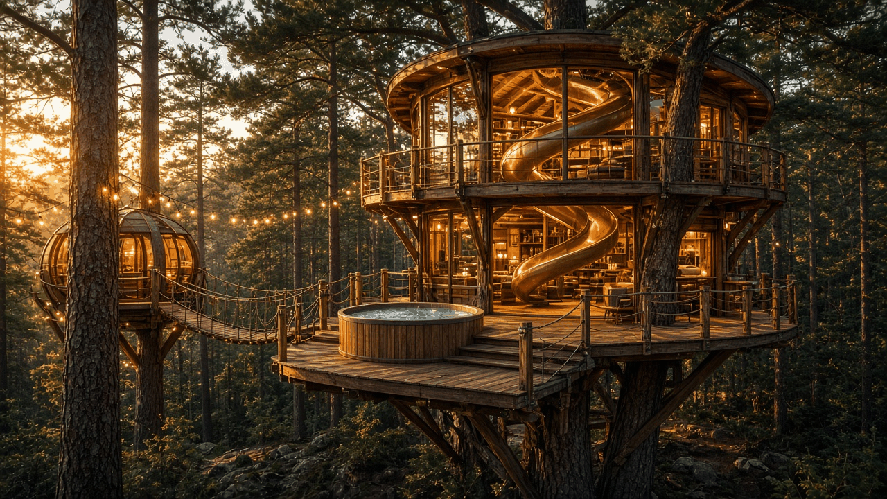 Multi-level glass and wood luxury treehouse with a spiral slide inside, rope bridge and deck hot tub in a pine forest at golden hour, no people, no text, no logos
