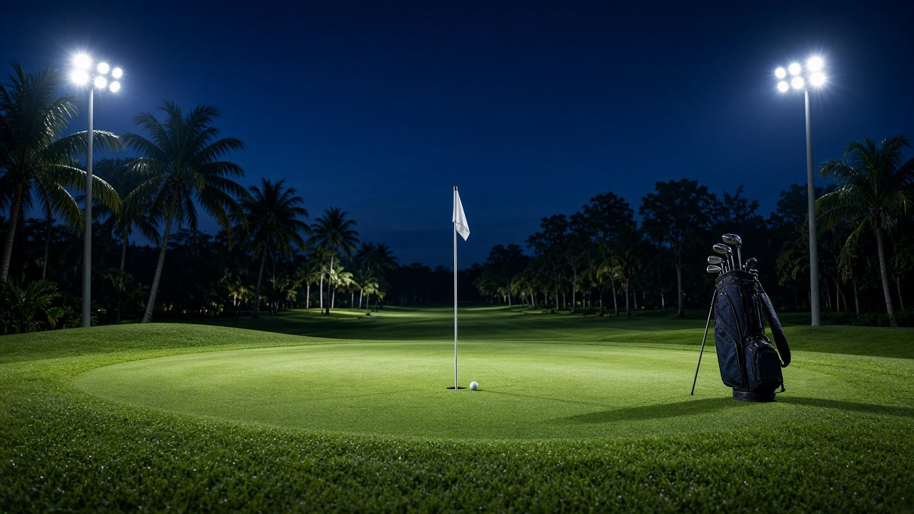 Floodlit golf green at night with a flagstick, a golf ball and a golf bag, framed by palm trees
