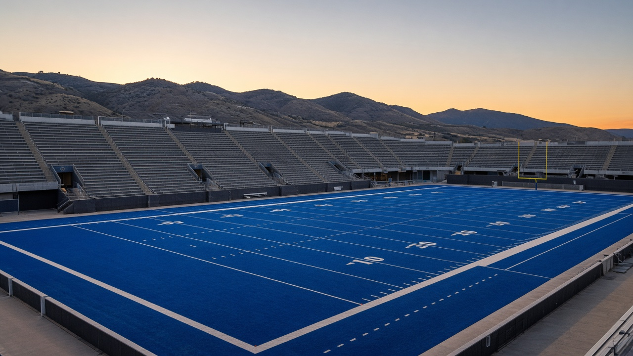 Empty football stadium with a bright blue field at sunset, no people