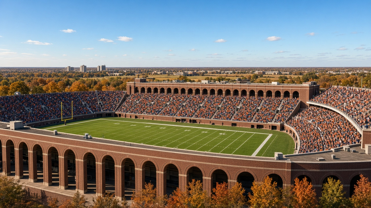 Empty outdoor Big Ten football stadium in afternoon autumn light, rows of empty seats, a football resting on the green turf near midfield under a clear blue sky