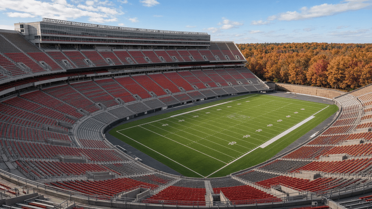 Empty college football stadium in autumn, with no people, text or logos