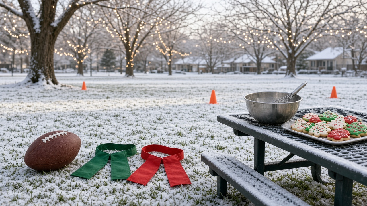 Snowy park set for holiday flag football with a football, red and green flags, cones and a tray of Christmas cookies, no people