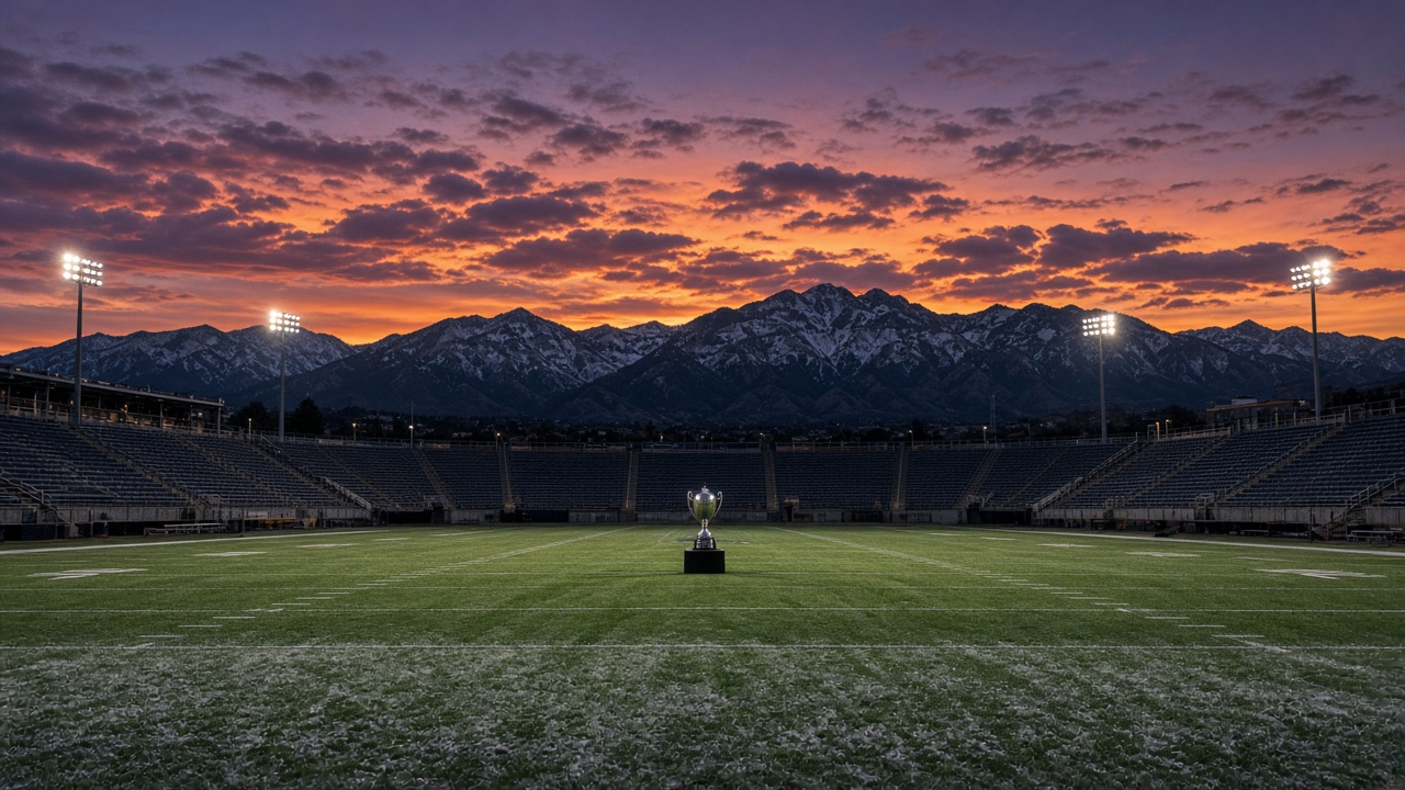 An empty Western college football stadium at dusk with lights on, snowy mountains under an orange sky and a silver trophy cup at midfield