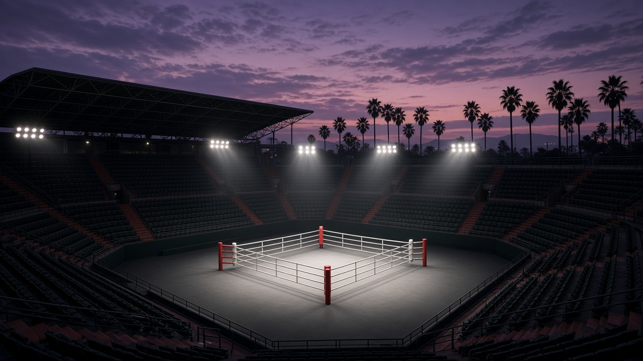 Empty boxing ring under lights in an open-air stadium at dusk with palm trees, no people