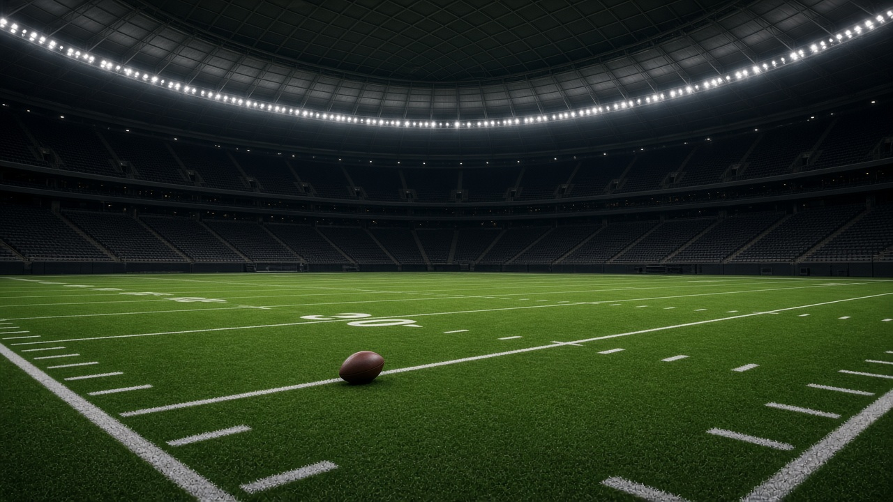 Empty domed football stadium at dusk with blue-toned lights, empty seats, white yard lines on green turf and a single football resting near the sideline