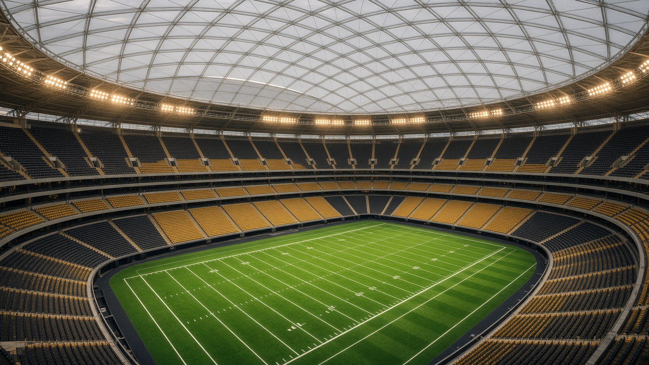 An empty domed football stadium with gold and black seats under a vast white roof lit by warm lights