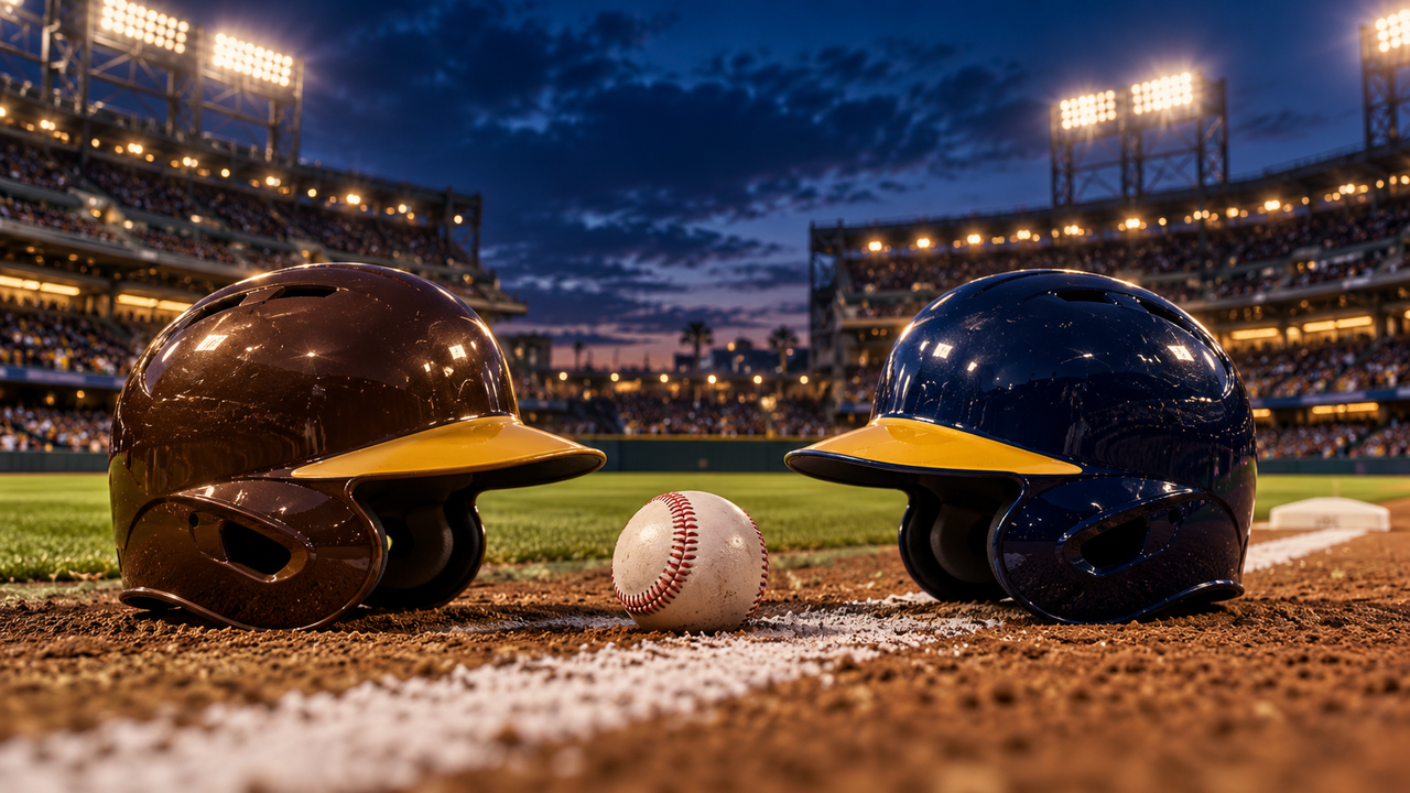 Brown and gold and navy and gold batting helmets facing in an evening baseball stadium