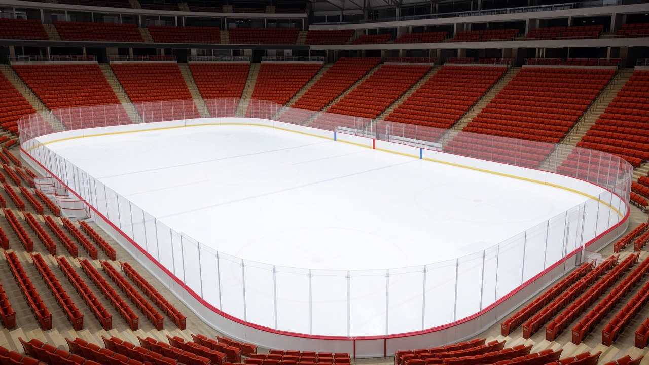 High upper-deck view of an empty hockey arena with clean white ice, glass boards and rows of red seats under bright lighting