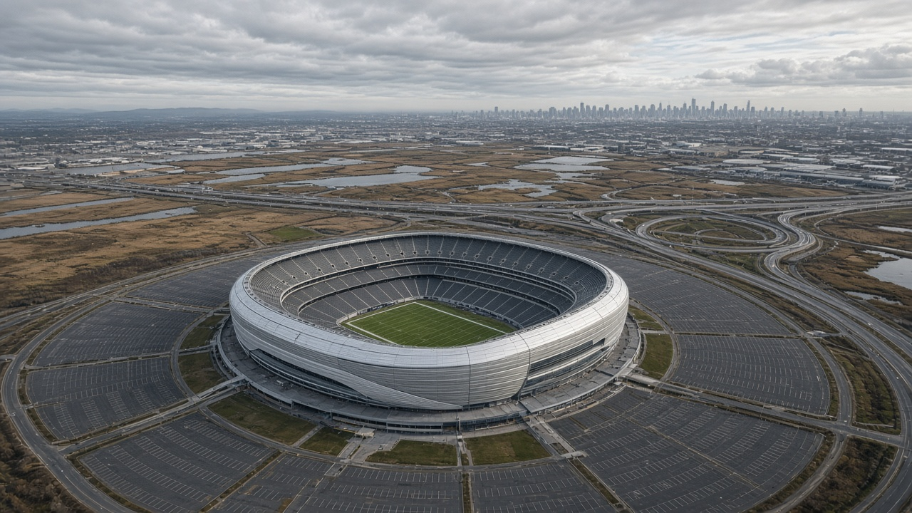 Large open-air football stadium beside marshland and highways on a gray winter afternoon, no people