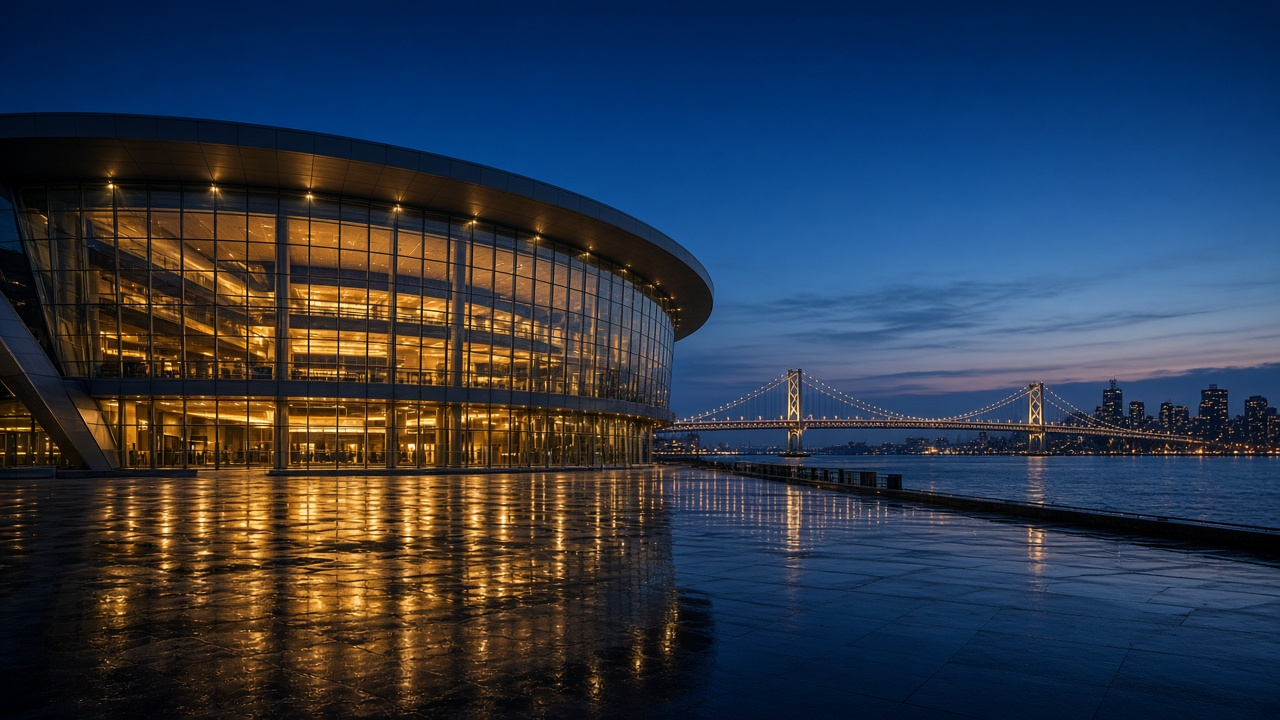 A glass-walled waterfront basketball arena glowing gold at blue hour, with a lit suspension bridge and city skyline across the bay, no people