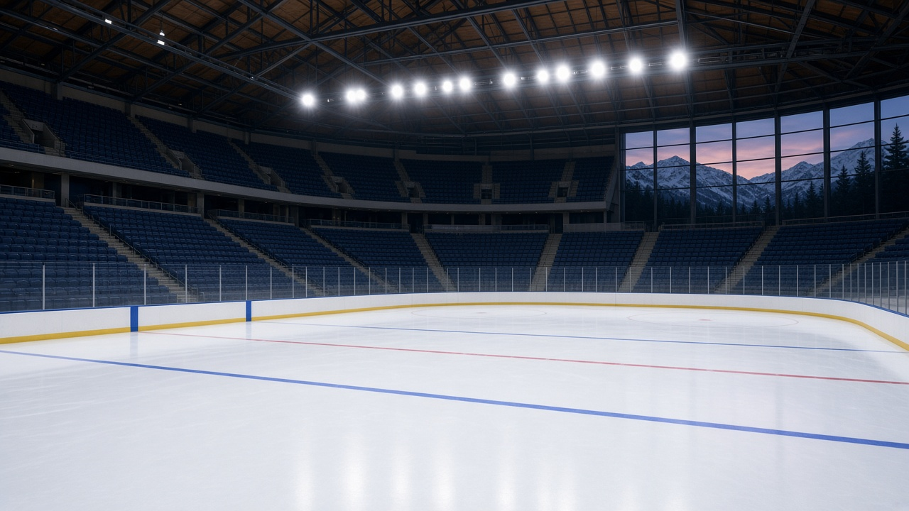 Empty NHL arena at night with fresh unmarked ice, empty blue seats and bright overhead lights under a mountain-lodge style roof, no people, logos or text