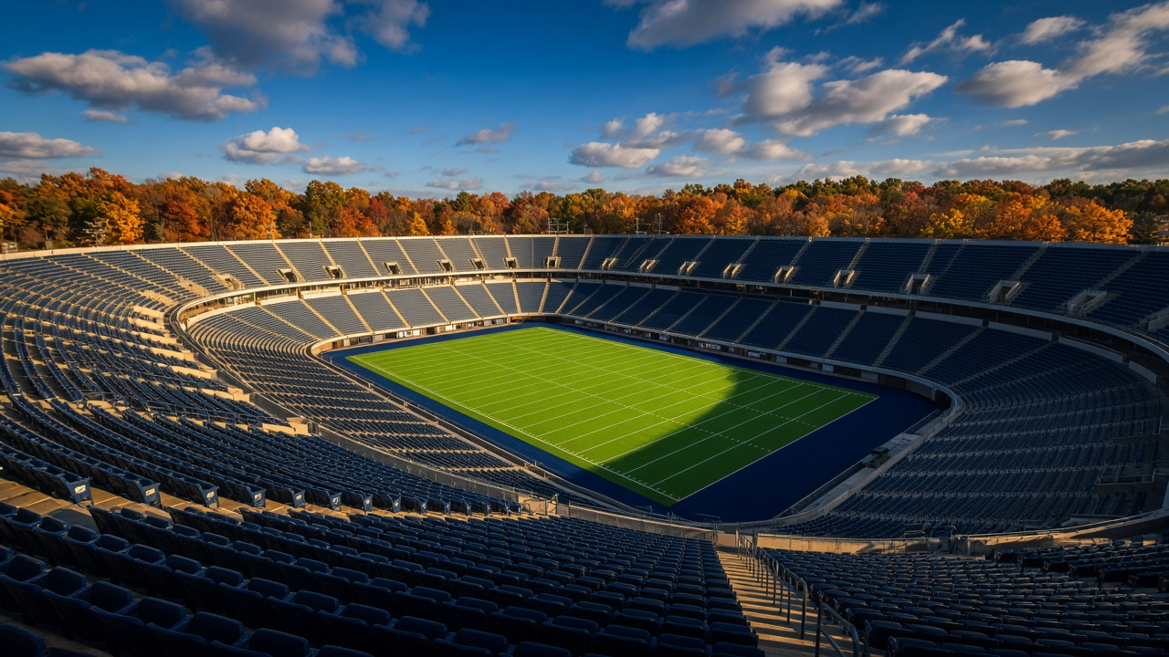 Vast empty college football stadium bowl seen from high upper rows, with rows of empty navy-blue seats sweeping around a bright green field with white yard lines, golden late-afternoon sun with long shadows across the field, blue sky with white clouds, and orange and red autumn trees beyond the stadium rim